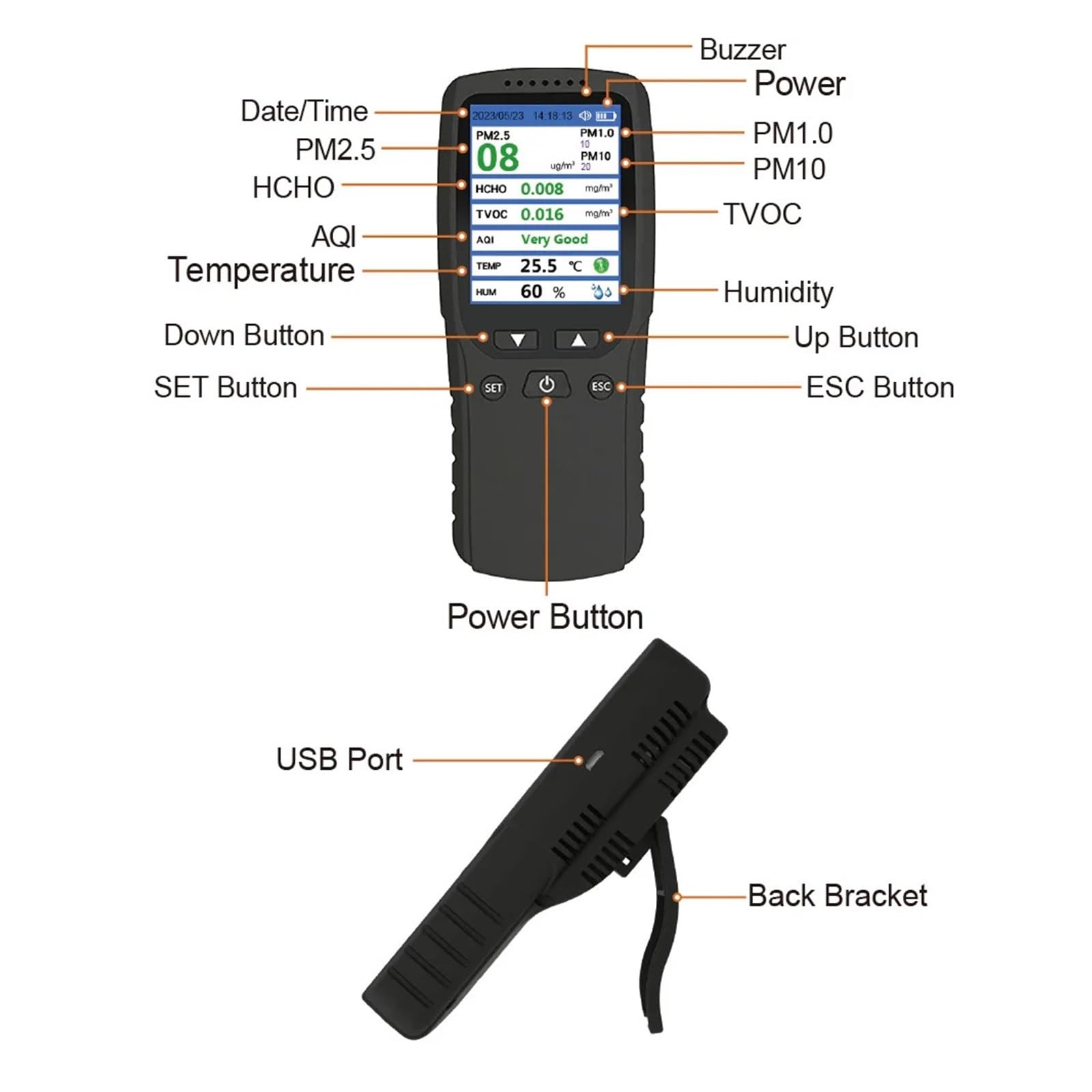 Détecteur de gaz, Détecteur de qualité l'air Portable Haute précision, testeur capteur portatif, Suit Les concentrations poussière PM2,5