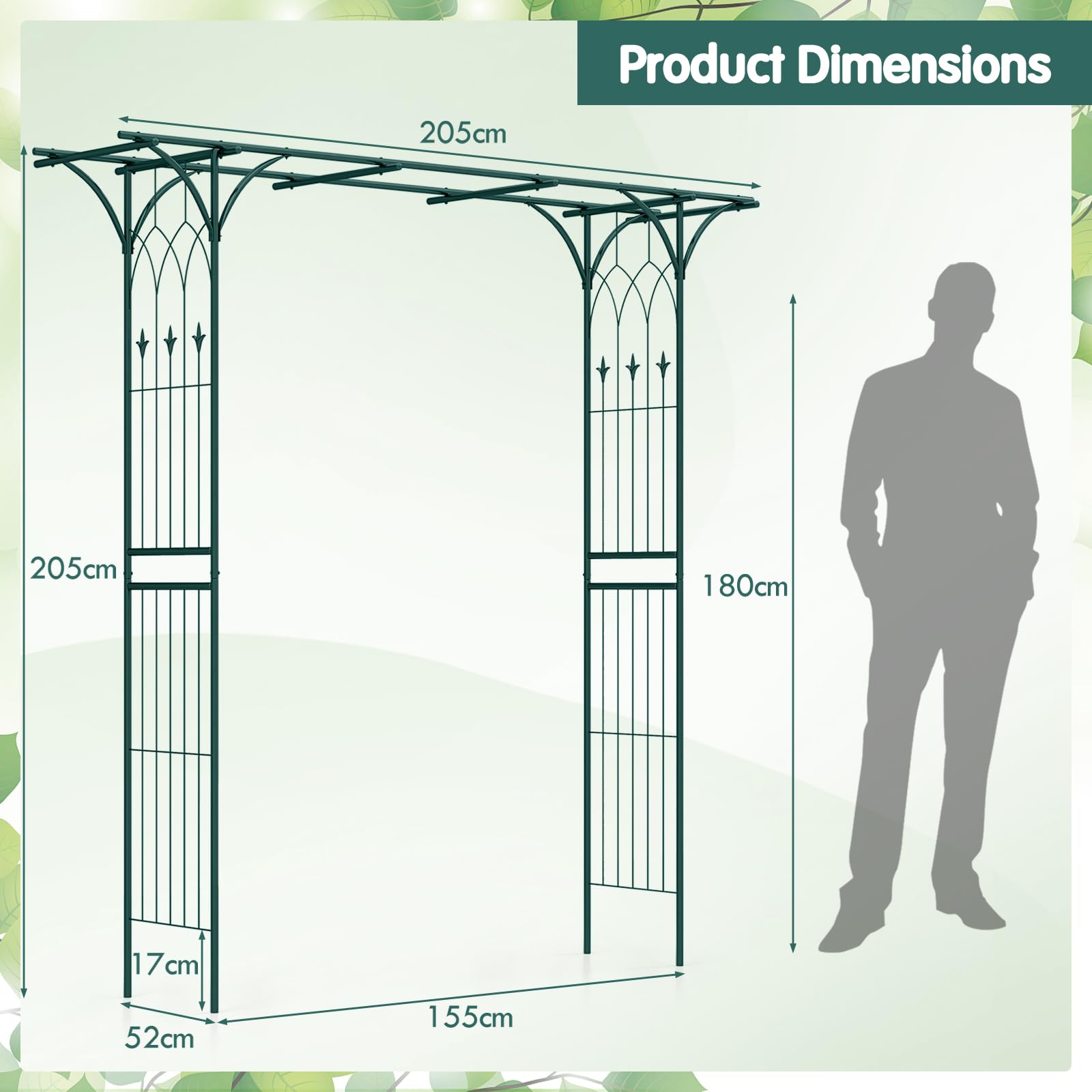HOMASIS Arco de Rosas de jardín de Metal, Pérgola para Plantas trepadoras, Enrejado Arco para Boda, jardín, Fiesta, Pérgola Cuadrada Alta Resistencia Ayuda Flores Enrejado, 205x52x205cm (Verde)