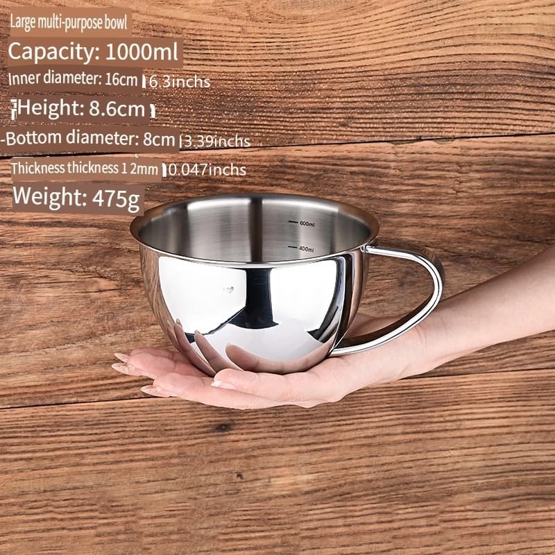 316 Stainless Steel Mixing Bowl, Premium 18/10 Grade, Heavy Duty 368g with Handle, Modern Minimalist Design, Multiple Size Options with Volume Markings (Cup with Lid, 6.3inchs)