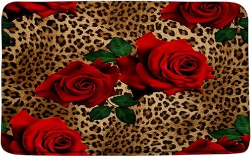 Tapete de baño de flores de leopardo, rosa roja, mezcla de animales salvajes, diseño romántico de guepardo, safari, creativo, San Valentín,