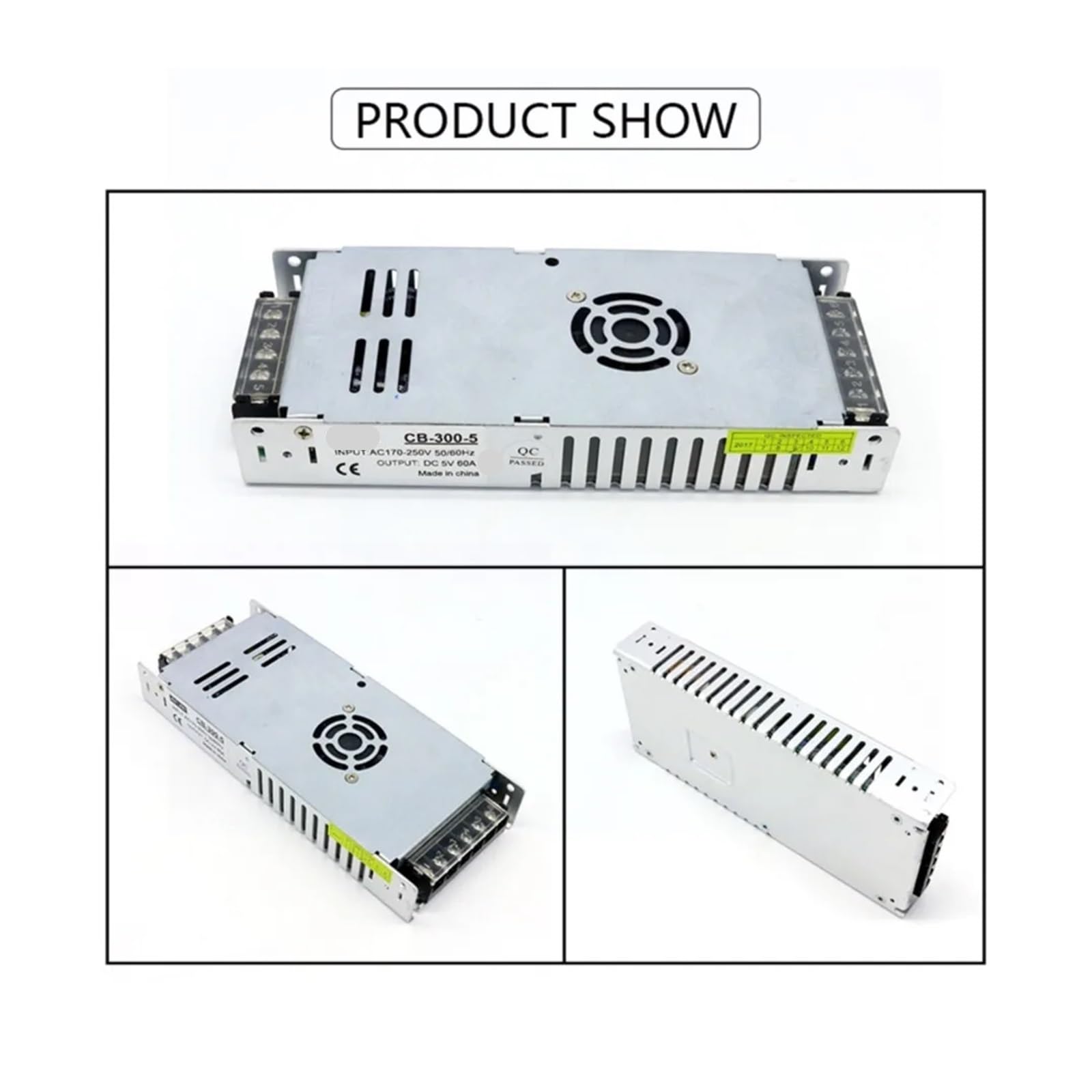 Zasilacz AC na DC 5 V, 60 A, 300 W, wejście 170-250 V, aluminiowa obudowa z wentylatorem do wyświetlaczy LED/OLED/LCD.