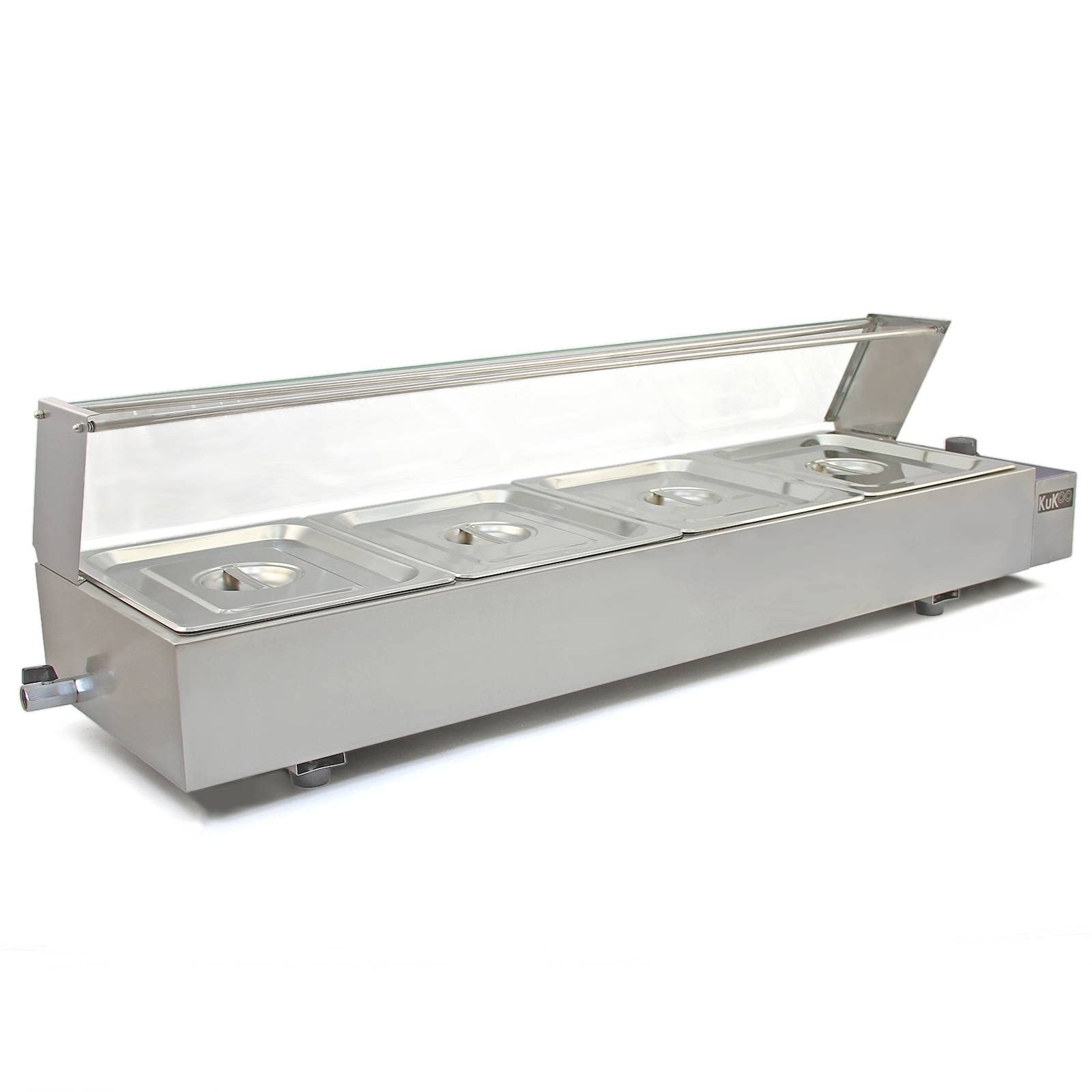 Vitrina Calienta Comida Eléctrica+4 Sártenes con Tapas de Acero Inoxidable (Capacidad 4 x 5.5L) Incluidas Calientaplatos Servidor Buffet Comida Caliente 2 Años Garantía para Cocinas Restaurantes Bares