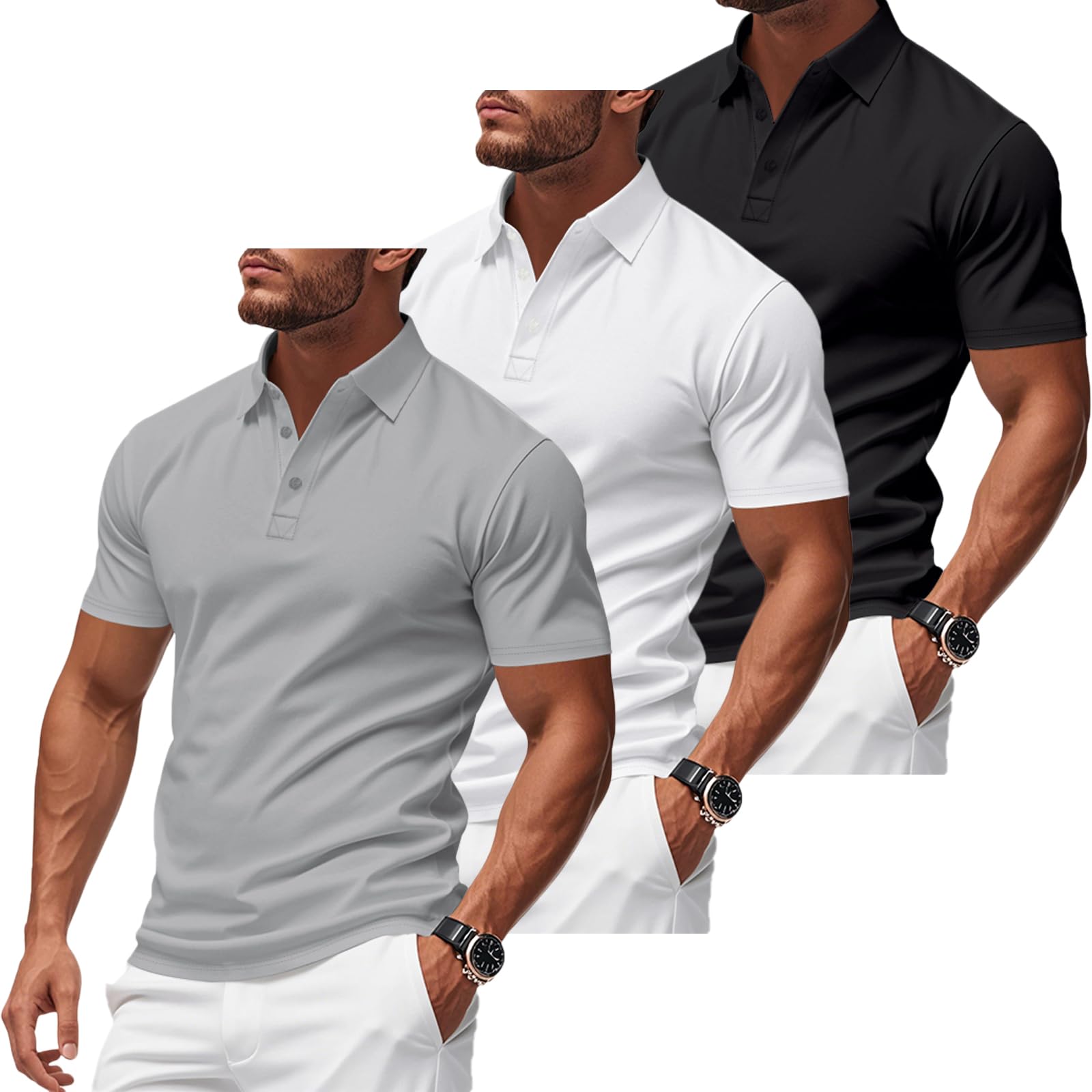 Herren-Polo-Shirts, schnelltrocknend, kurzärmelig, athletisch, feuchtigkeitsableitend, lässig, Golf-Shirt, 3er-Pack, Schwarz/Weiß/Grau, L