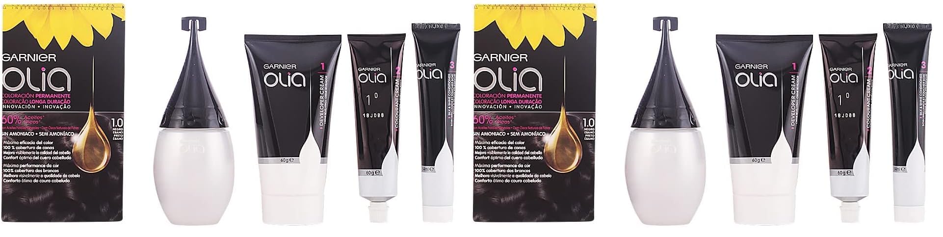 Garnier Olia - Coloración Permanente sin Amoniaco, con Aceites Florales de Origen Natural - Tono Negro Ébano 1.0 (Paquete de 2)