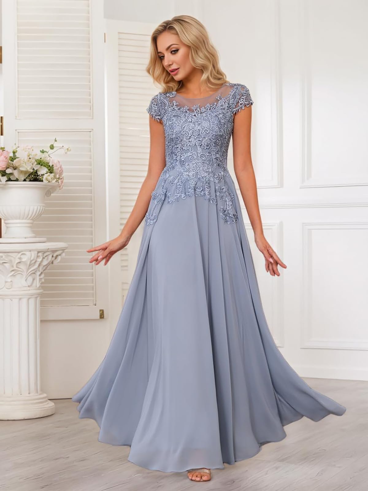 HUINI Damen Brautmutterkleider für Hochzeit Chiffon Rüschen mit Spitzenapplikation und Flügelärmeln Kleid Hochzeitsgast Damen Formell Abendkleider Elegant Für Hochzeit