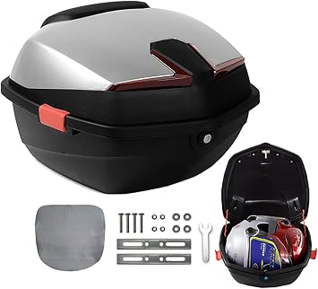 35L Motorcycle Top Case, Universal Daily Tail Box Trunk Lockable Storage Carrier Plastic Waterproof Top Box Trunk with Backrest for Helmet Luggage,Silver