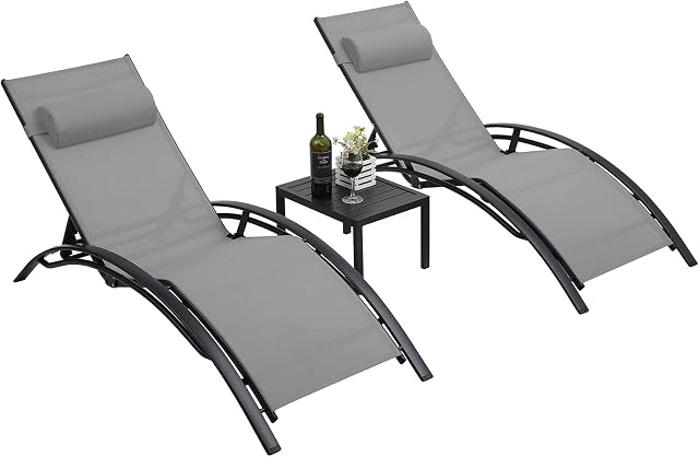 Garden Sunloungers Set with Table, Sun Loungers Reclining Lounger Set of 3, Adjustable Aluminum Recliner Textilene Fabric, for Gardens, Patios, Beaches, Backyard