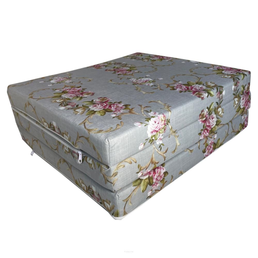 FORTISLINE Matelas pliant, motif floral, gris, 195 x 60 x 9 cm, housse lavable, 3 pièces, lit de camping, de qualité supérieure, peu encombrant, en mousse, pliable