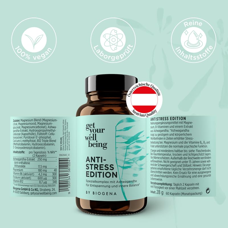 get your wellbeing by BIOGENA - Antistress Komplex für Entspannung & innere Balance – 60 Kapseln - Mit Ashwagandha, Magnesium & B-Vitaminen - Nahrungsergänzungsmittel vegan & konservierungsstofffrei