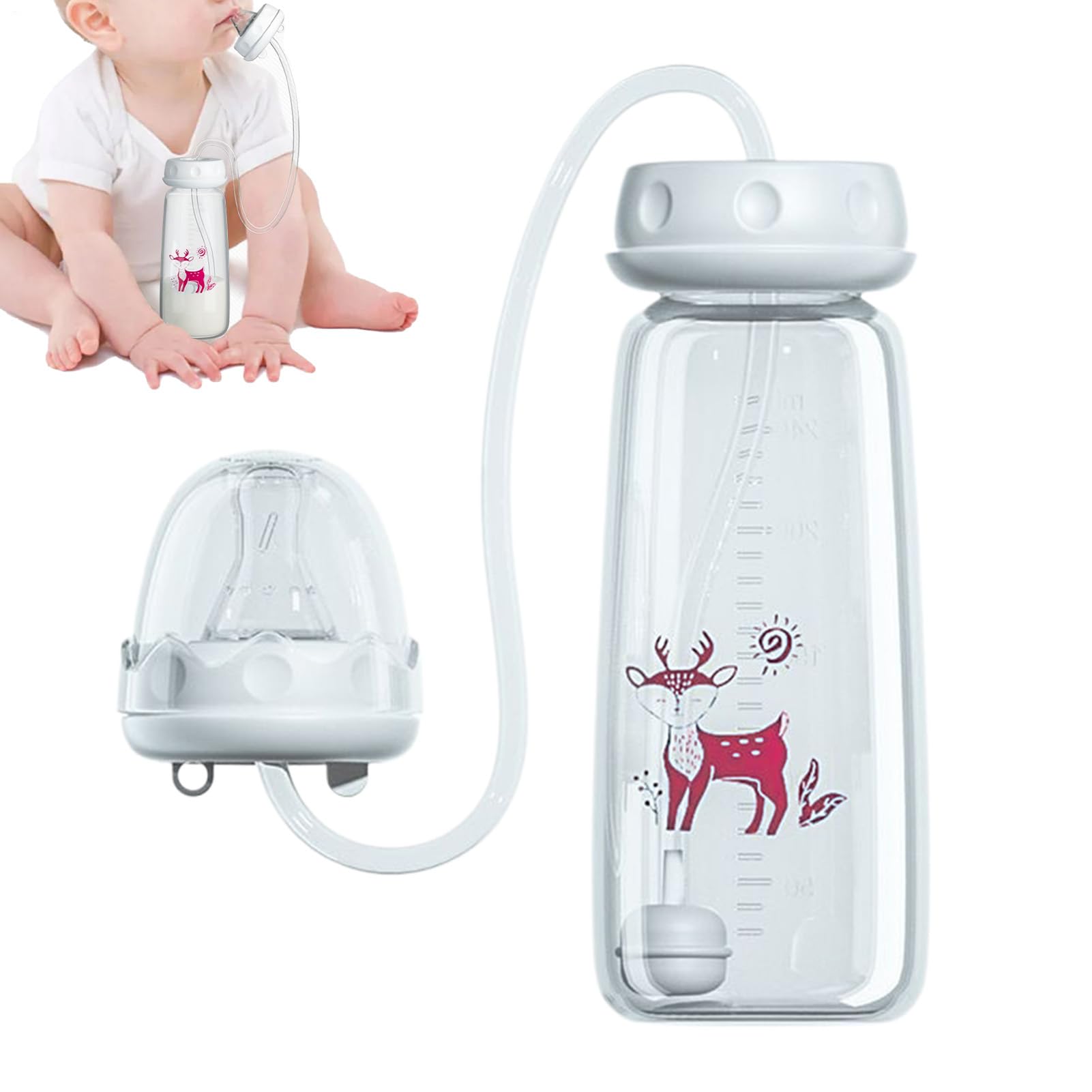 Alimentador De Silicona 240ml Con Tetina Y Pajita, Cuello Ancho Portátil Antideslizante, Silicona Manos Libres Biberón, Para Padres Interior Exterior Hogar Dormitorio Cocina Guardería Hotel