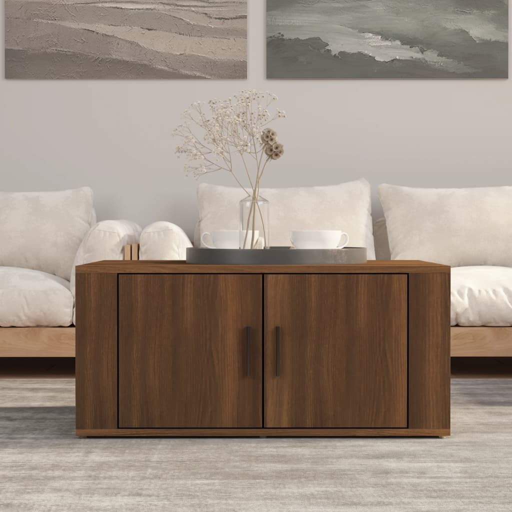 Tavolino da caffè marrone effetto rovere, 80 x 50 x 36 cm, in legno con vano portaoggetti, ripiano, cassetto e porta, per soggiorno, camera degli ospiti, ufficio, corridoio, reception