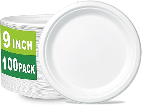Platos compostables de 9 pulgadas, 100 unidades de caña de azúcarbagazo y fibra de bambú biodegradable plato de papel desechable