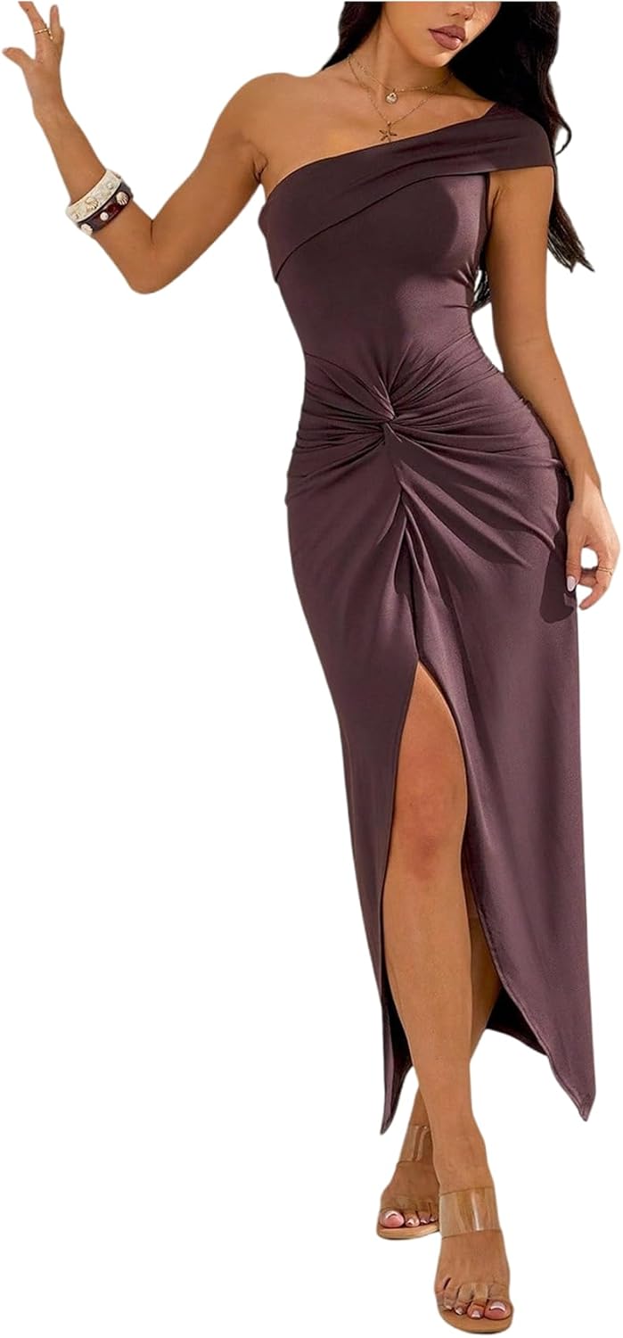 SHENHE Women's Off Shoulder Sleeveless Slit Hem Ruched Cocktail Twist Detail Bodycon Maxi Dress