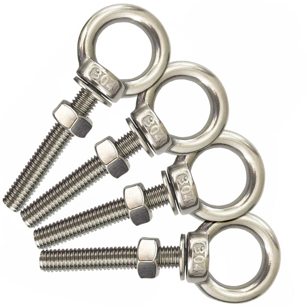 Shoulder Eye Bolt, M10 304 Stainless Steel Eye Bolts 3/8"x2.75" Eye Bolts Heavy Duty Screw Bolt with Washer and Nuts Set Muti-Function for Indoor Outdoor, 10mm x 70mm, 4 Pack