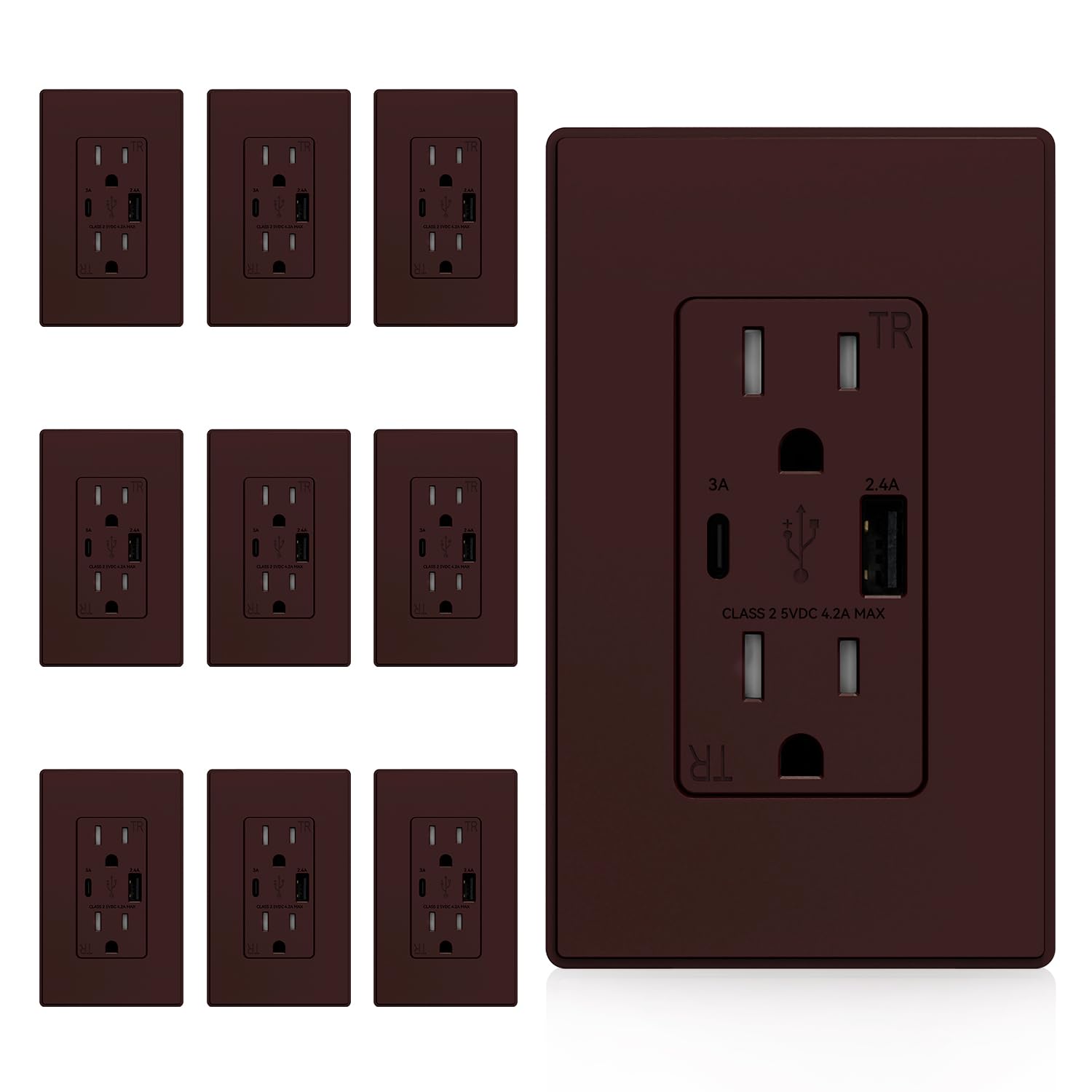 ELEGRP USB Wall Outlet with USB A & C Ports, 15 Amp Duplex Tamper Resistant Receptacle Plug NEMA 5-15R, Wall Plate Included, UL Listed, 10 Pack, Matte Brown