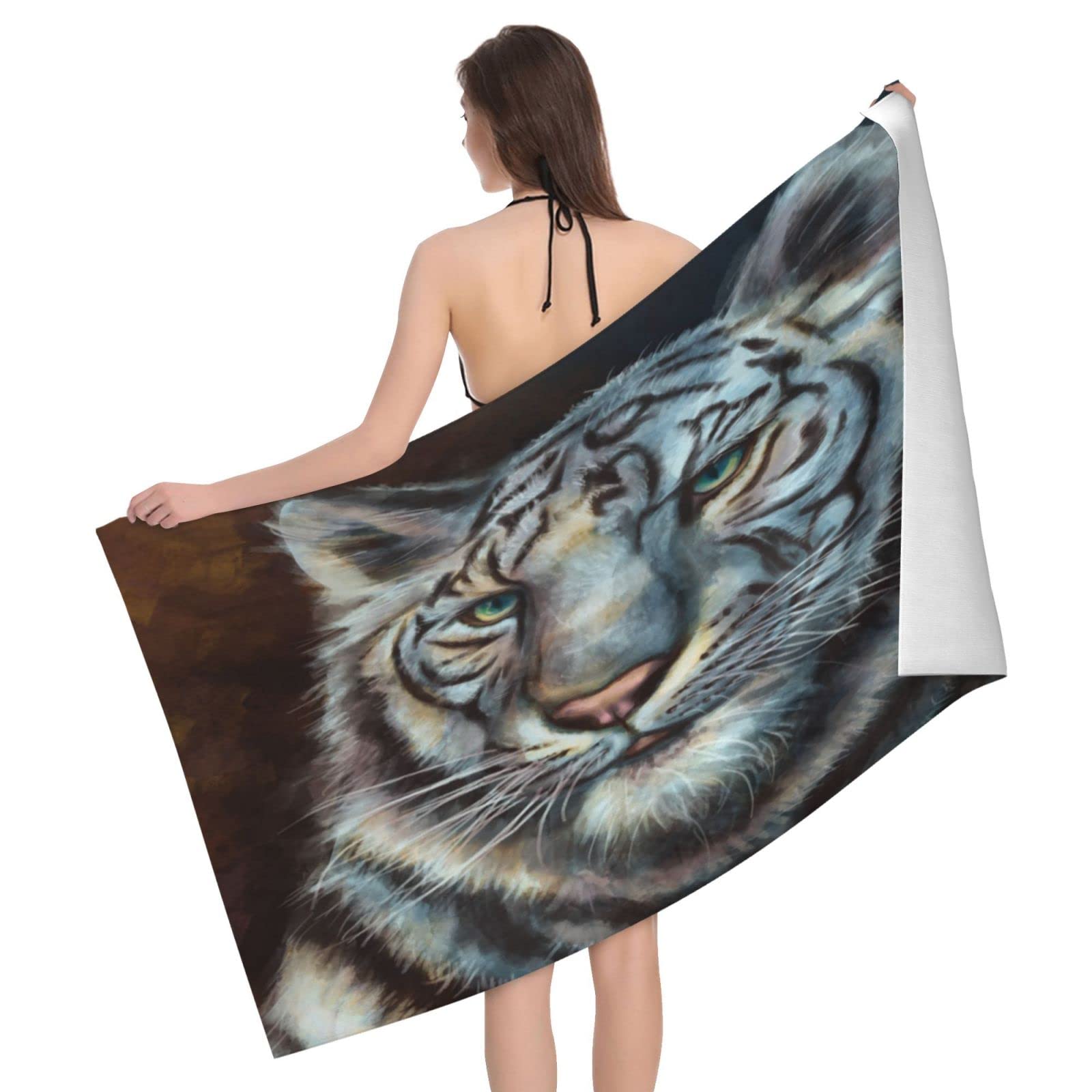 Lawenp Tiger Pattem Beach Towel, Lightweight Sand Free Quick Dry Microfiber Absorbent Bath Towel for Kids, Adults, Swimming, Bath, Yoga, Pool, Travel, Camping 32"X52"