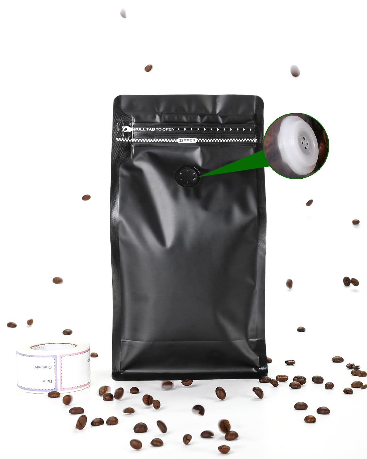 Maestri House3-layer Coffee Bags with Valve (16oz,1lb,60pcs), High-barrier Aluminum Foil Flat Fottom Coffee Bean Bags with Labels, Reusable Heat Sealable Side Zipper Pouches for Home or Store (Black)