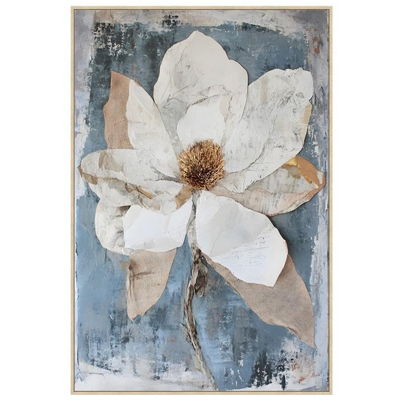 Tableau fleur blanc et bleu 80x120cm avec cadre en bois pour salon élégant