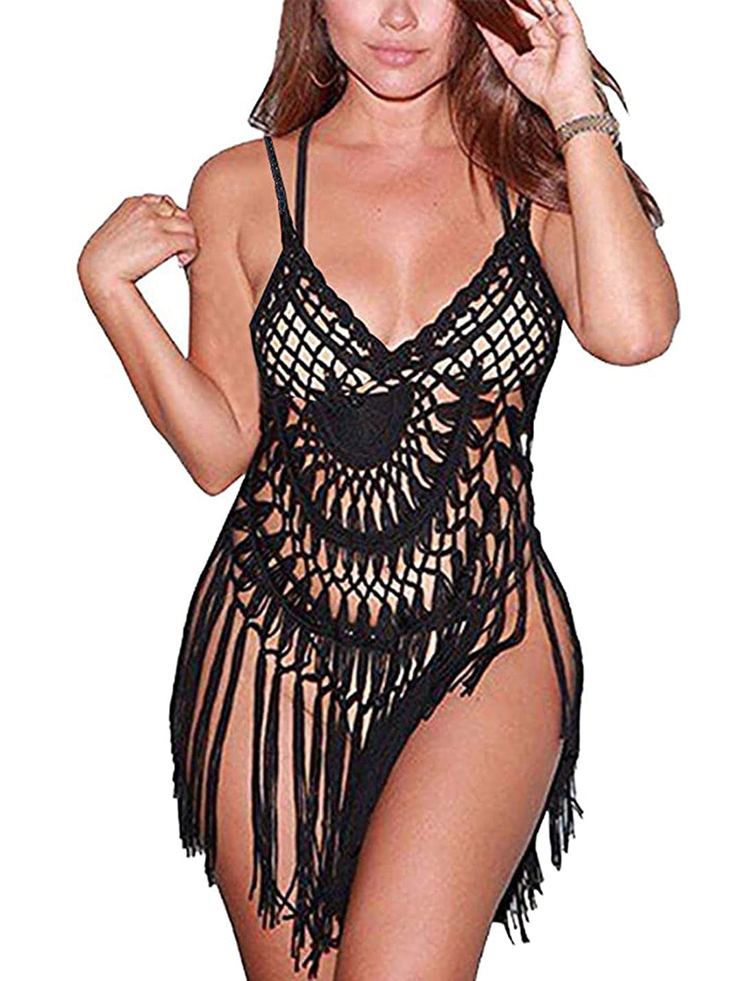 PUWEIWomen's Backless Spaghetti Strap Halter Crochet Knit Tassel Cover Up Tops