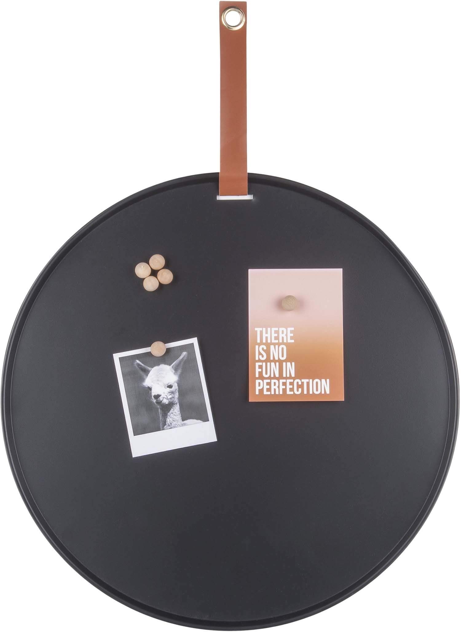 PT Present Time - Memo Board Perky - Eisen - schwarz - Ø50 cm - mit Lederband - inkl. 6 Magnete