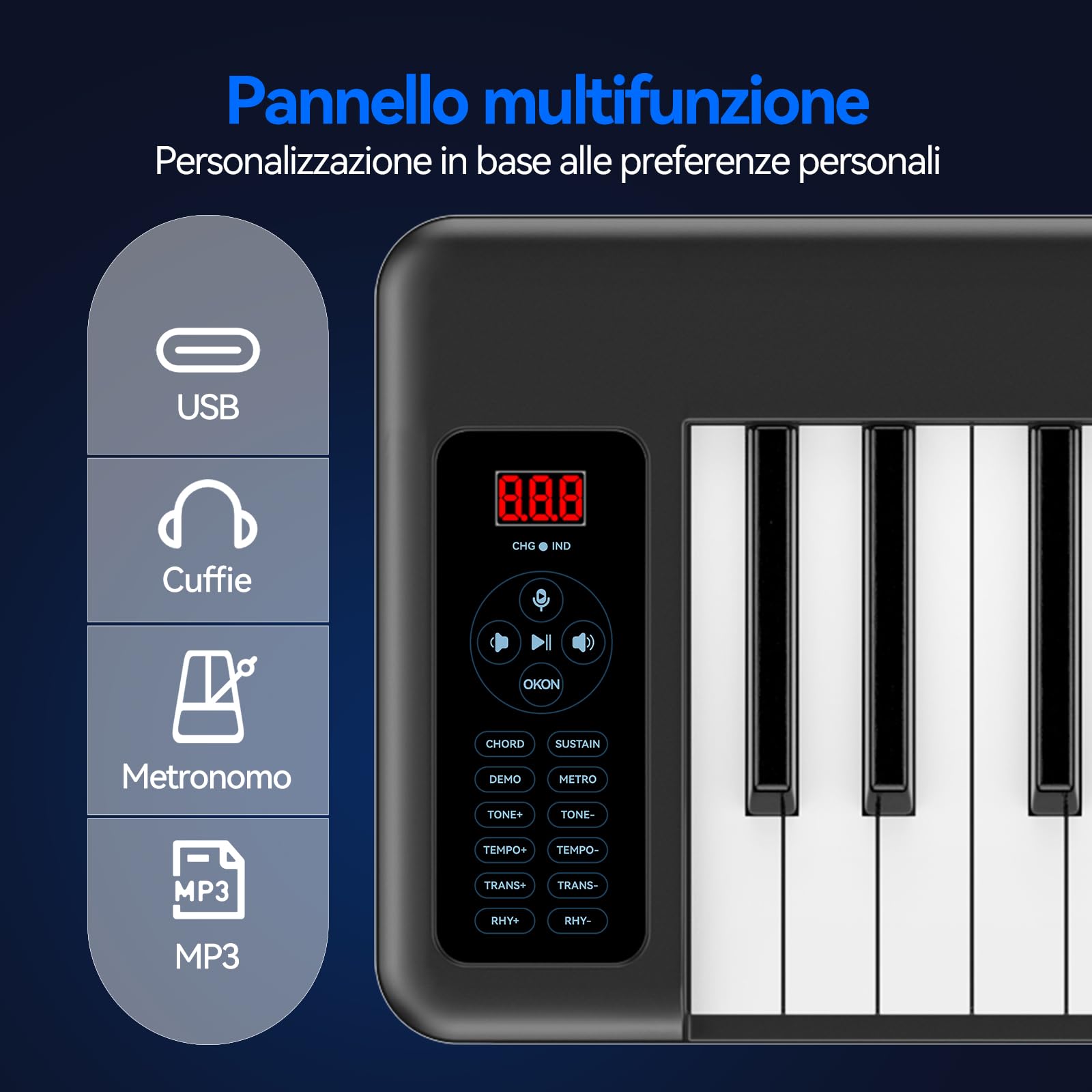 Rhymo Tastiera pieghevole per pianoforte, 61 tasti sensibili per pianoforte elettrico, tastiera elettrica portatile ponderata con Bluetooth MIDI, tastiera digitale pieghevole per principianti, viaggio