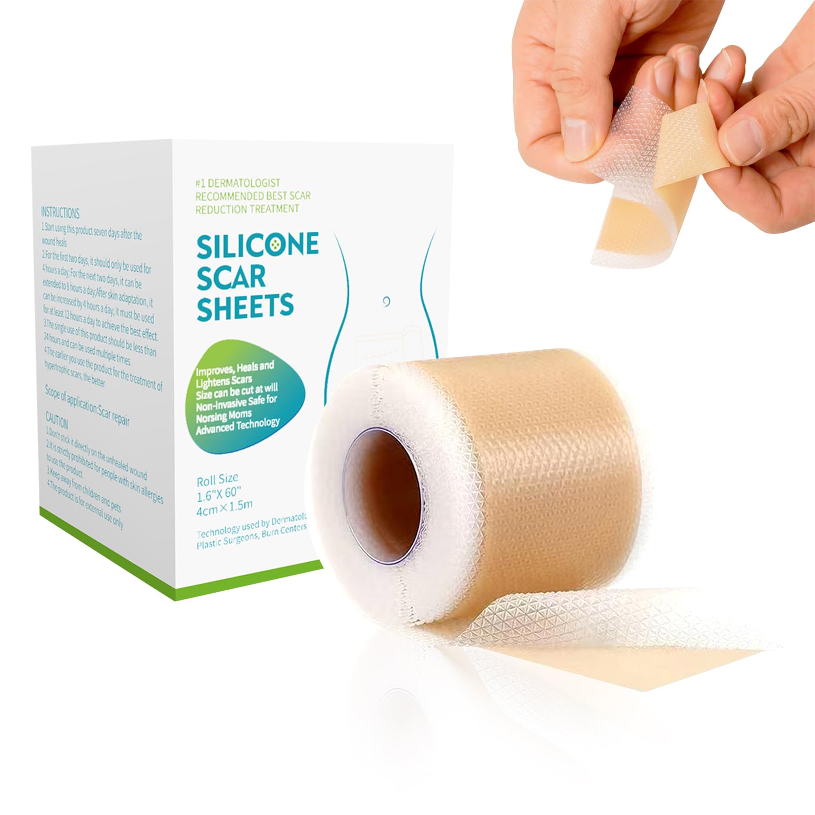 Fogli in silicone per cicatrici da 1,5 m, nastro in silicone per cicatrici (rotolo da 5 x 150 cm), bastone per cicatrici in silicone riutilizzabile per rimozione degli urti cheloidi, nastro per