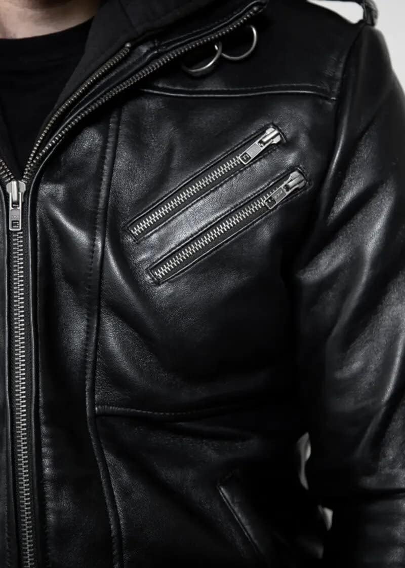 Mens Genuine Black/Brown Hooded Bomber Leather Jacket Real Lambskin Waxed with Removable Hood