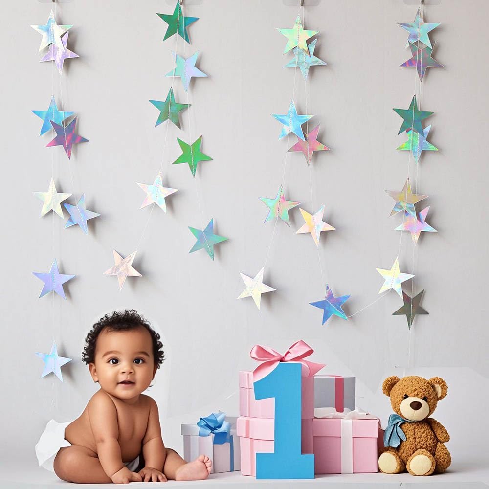 Iridescent Shining Star Hanging Garland Iridescent Hanging Sparkling Star Streamer Glitter Bunting Banner Twinkle Backdrop for Wedding Baby Shower Birthday Christmas Decorations 40 Feet