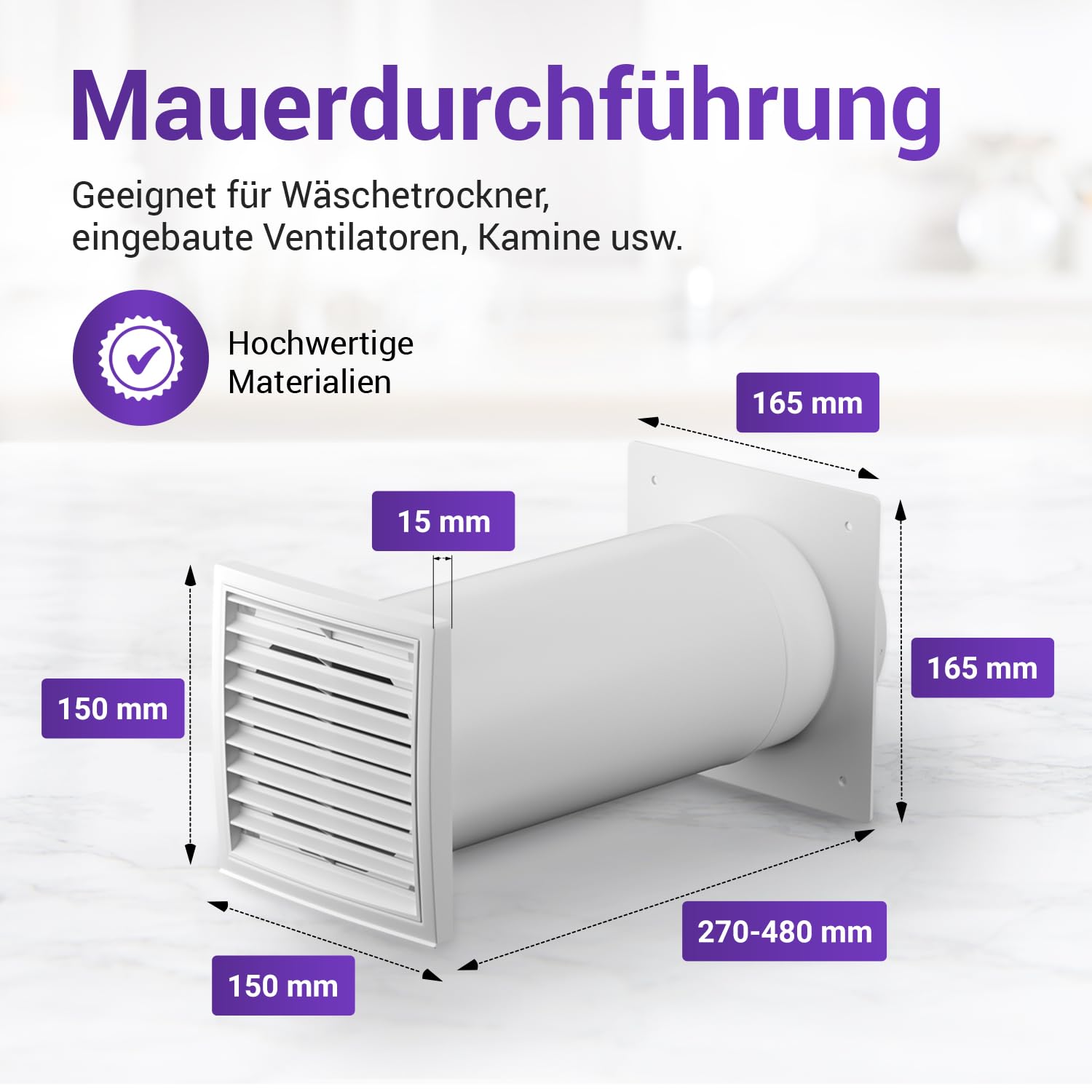 Viоks.pro Mauerkasten 125 mit Rückstauklappe Außengitter für Abzugshaube | Mauerdurchführung 125 er Ausziehbar, Wanddurchführung, für Klimaanlage Dunstabzugshaube