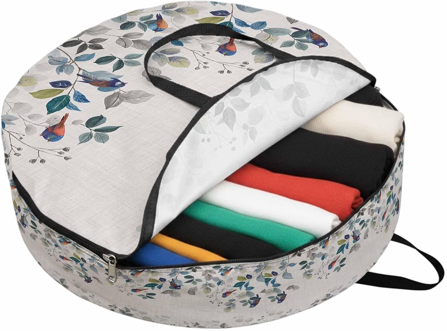 Pastoral Bird Round Storage Bag 36 Inch, Eucalyptus Leaves Farmhouse Linen Background Clothes Storage Container with Handles Heavy Duty Organizer for Comforter, Bedding & Holiday Wreaths