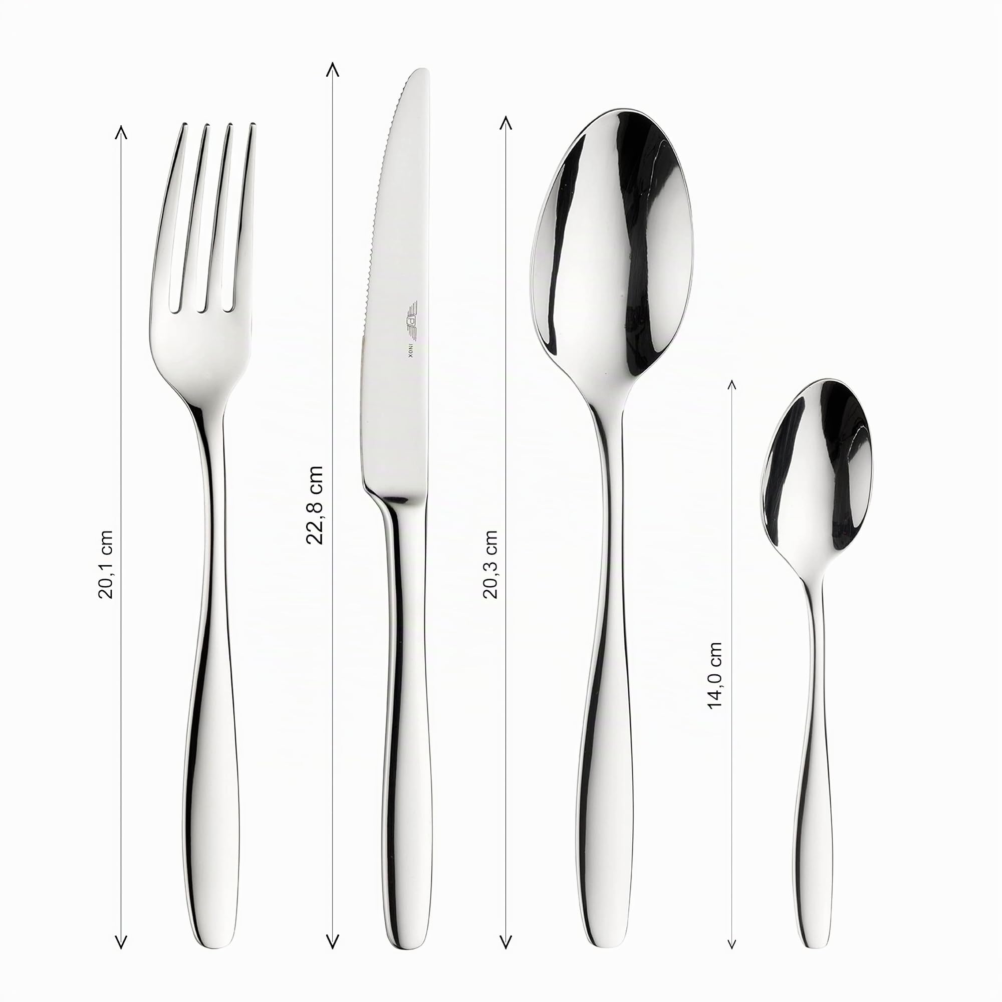 Pintinox 18/10 Edelstahl Besteckset 24-teilig Elba Bestehend aus 6 Tafellöffeln, 6 Tafelgabeln, 6 Tafelmessern, 6 Kaffeelöffeln