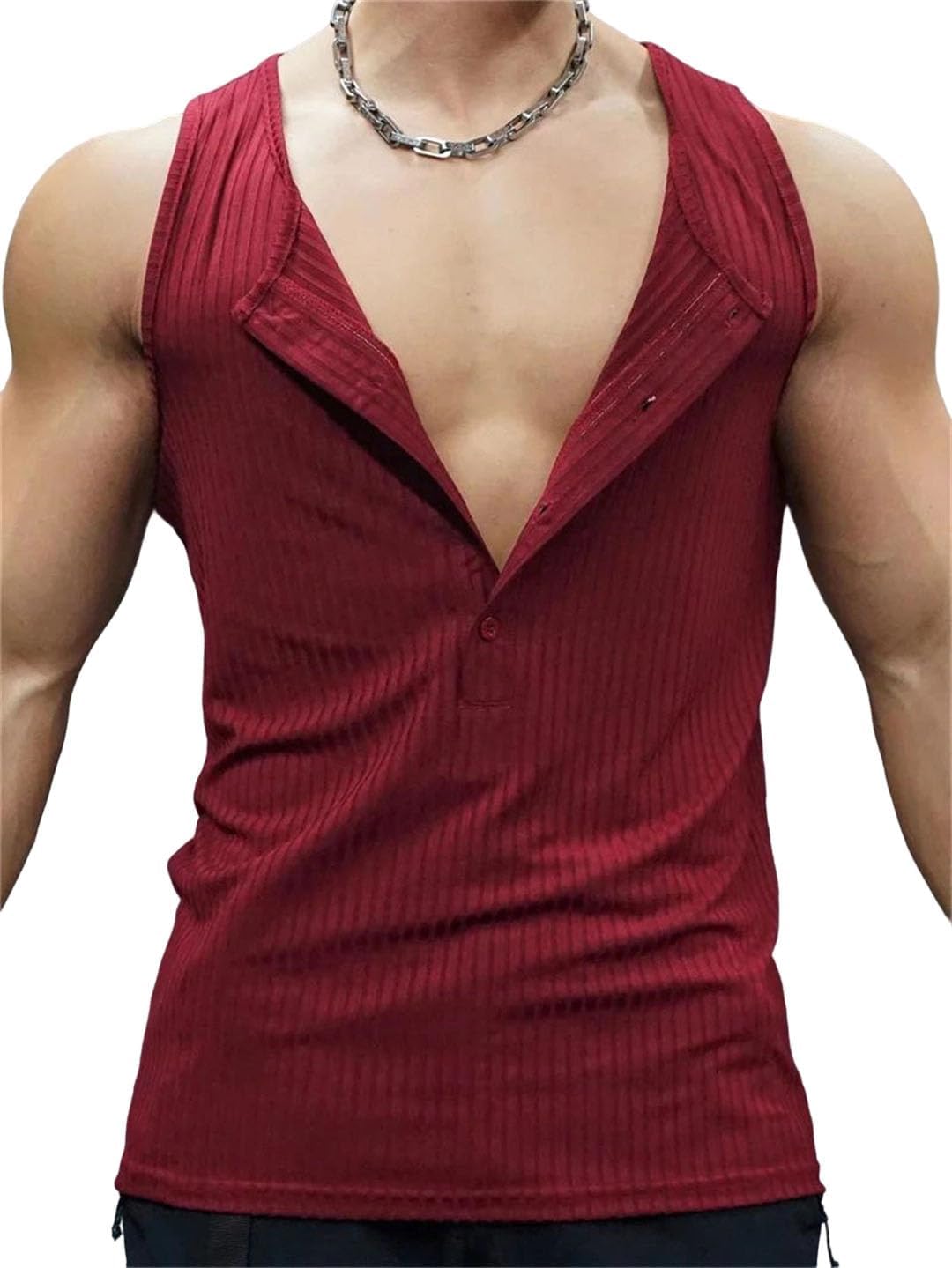 Men Tank Tops Ribbed Button O Neck Sleeveless Fitness Casual Running Vest