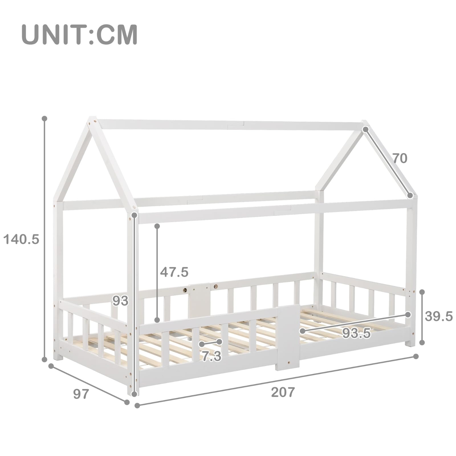 KOMHTOM Simple Lit de Maison avec Protection Anti-Chute, Lit de Jeune avec Sommier à Lattes en Bois, Cadre de lit, Minimaliste(sans Matelas) (Blanc-A, 90 x 200CM)