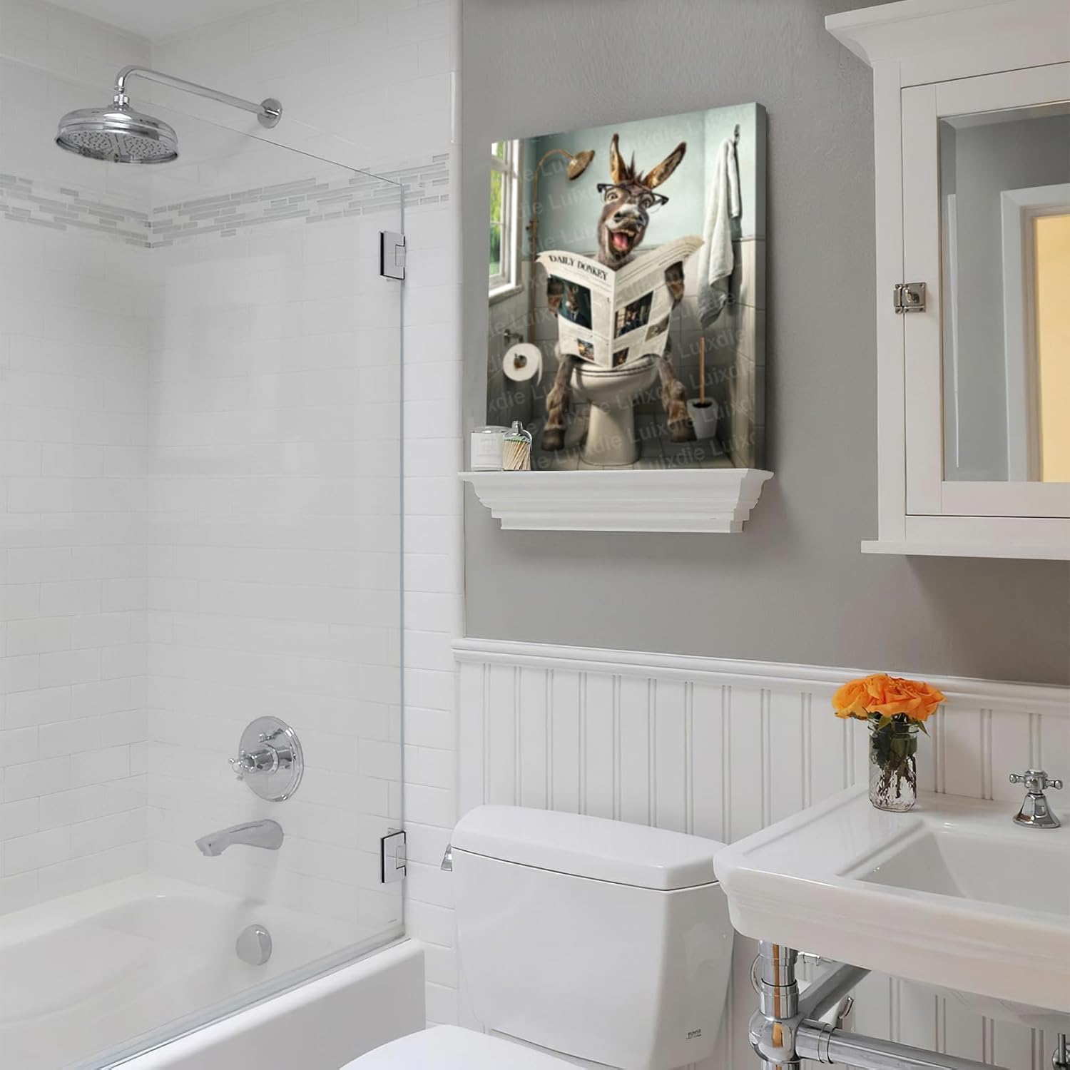 Farmhouse Bathroom Wall Art Funny Wall Art Bathroom Signs Donkey Sitting in Toilet Bathroom Pictures Canva Rustic Funny Animal Bathroom Decor Wall Art for Bathroom Toilet Decoration 20x24inch(Frame)