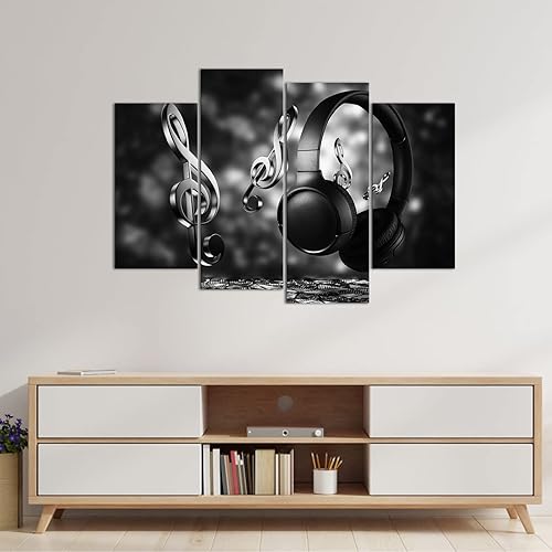 Miniatura 2 de 4 paneles de auriculares inalámbricos, lienzo, arte de pared, notas en blanco y negro, pintura con auriculares HD, carteles fotográficos para sala