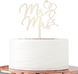 Woodware Mr & Mrs Wedding Cake Topper, Natural Wood, Script Style with Ring Design, Decorative Cake Ornament