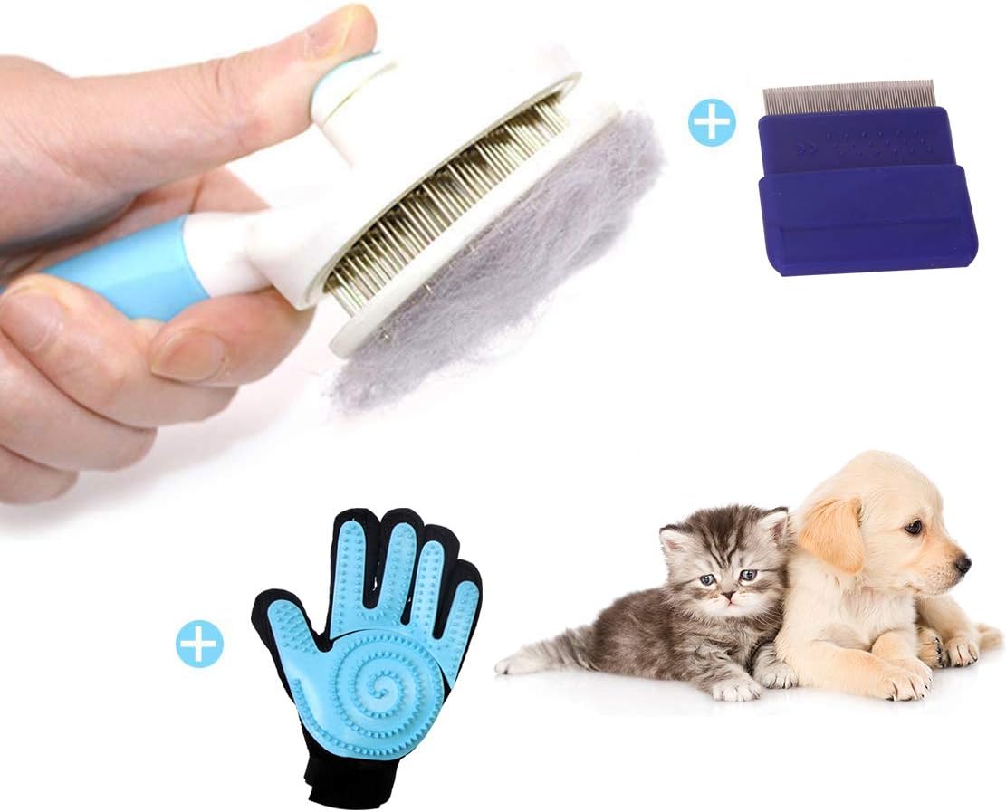 CbMoun Dog Brush Cat Brush for Shedding Pets Grooming Kit 3 in 1 -Self Cleaning Slicker Brush, Grooming Glove, Flea Comb for Small, Medial, Large Dogs & Cats-Reduces Shedding Up to 98%