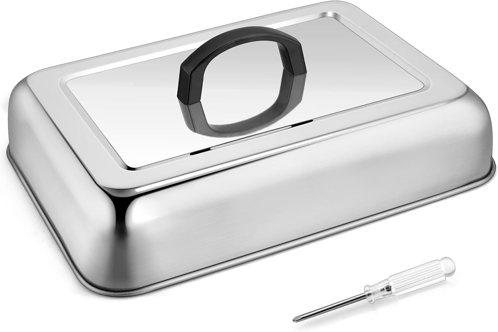 13 x 9.8 Inch Basting Cover Melting Domes, Joyfair Stainless Steel Rectangular Cheese Melt Lid for Outdoor/Indoor Flat Top Griddle, Heat-Resistant Handle & Screwdriver, Dishwasher Safe (No Vent)