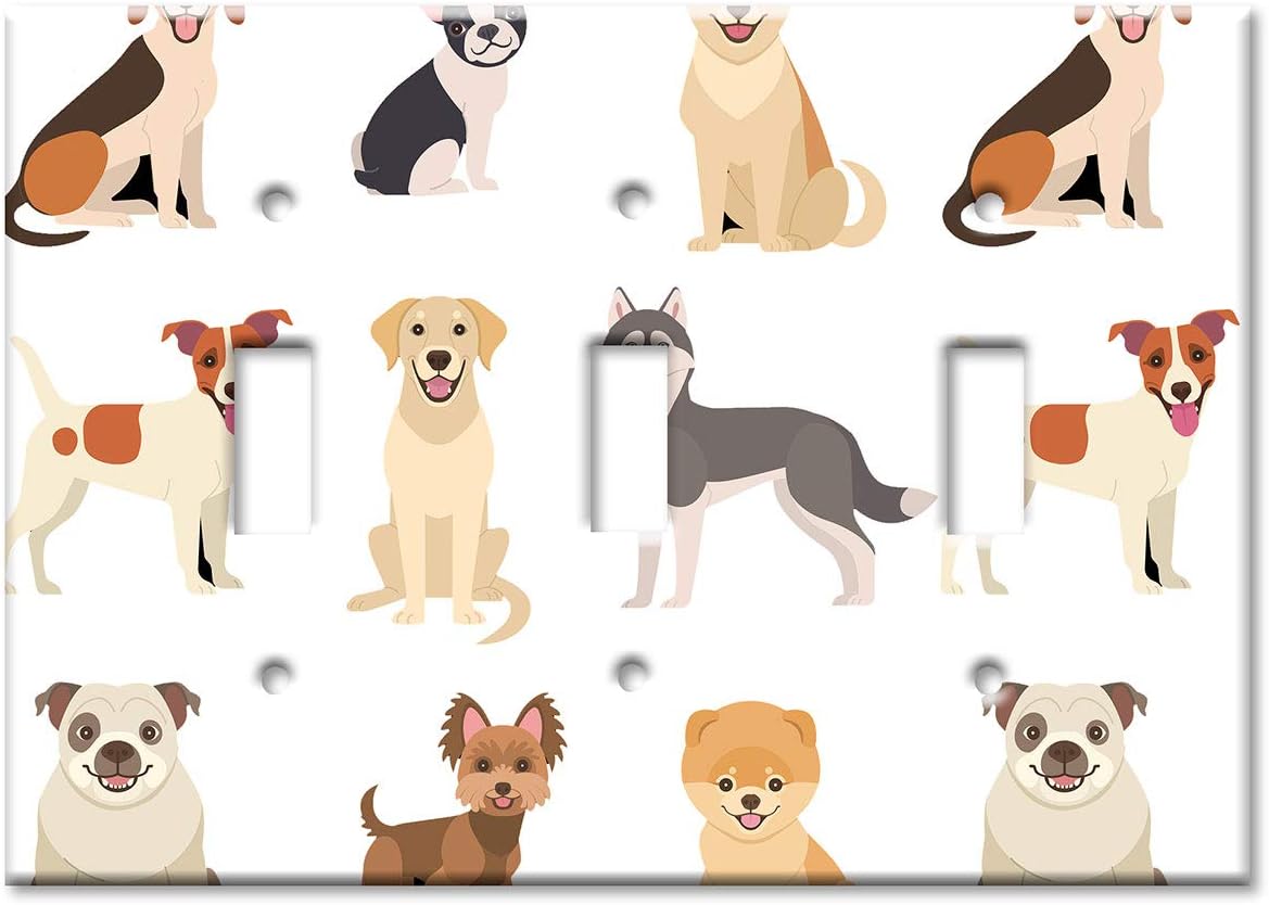 Art Plates - Triple Gang Toggle Switch Plate - Decorative Metal Wall Plate - Cute Dogs - (Made in USA)