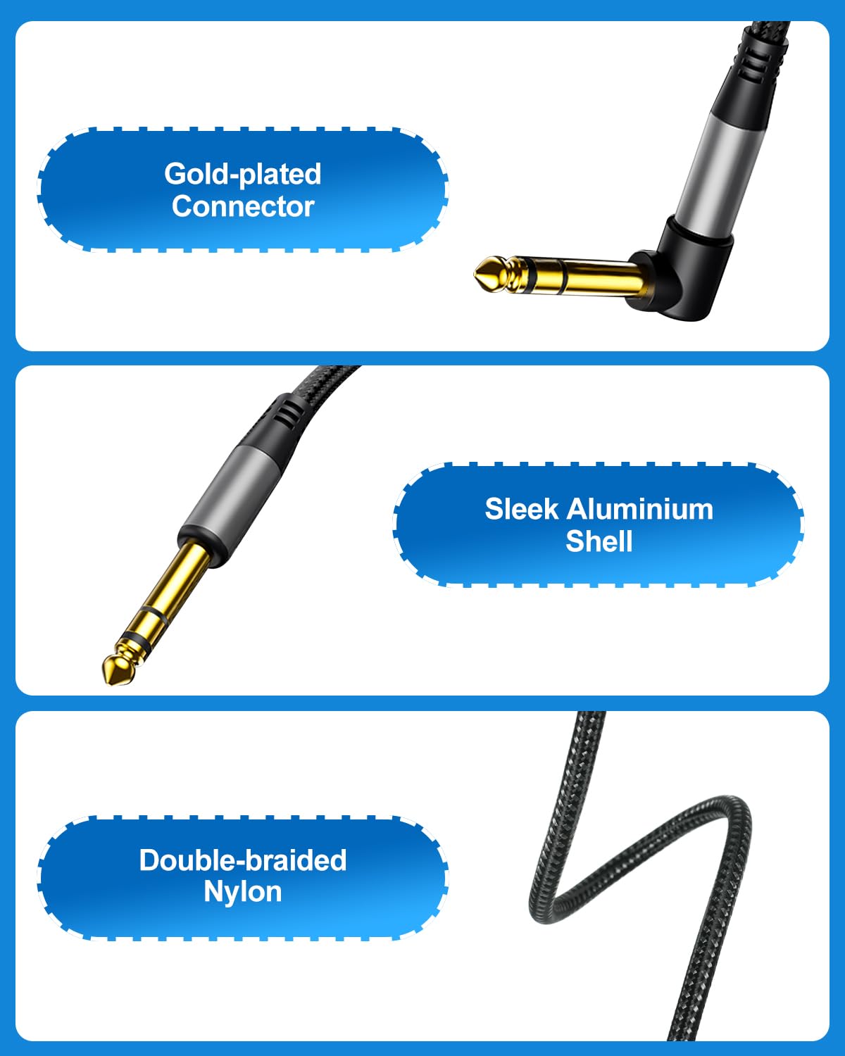 Aqdocvf TRS-Instrumentenkabel, 0,6 cm, 3,5 m, Premium-TRS-Kabel, geräuschfrei und langlebig, Stereo, 6,35 symmetrische Verbindungsleitung für E-Gitarre, Bass, Tastatur, Lautsprecher, Mischpult