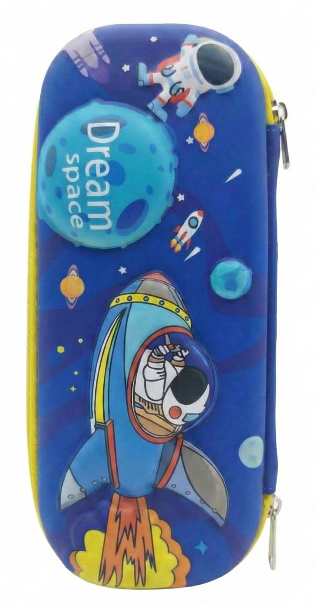 3D Space Pencil Case for Boys | Hard Shell Dream Space Astronaut & Rocket Design Pencil Pouch with Large Capacity for School Supplies for Kids, Boys & Students (Blue Yellow)