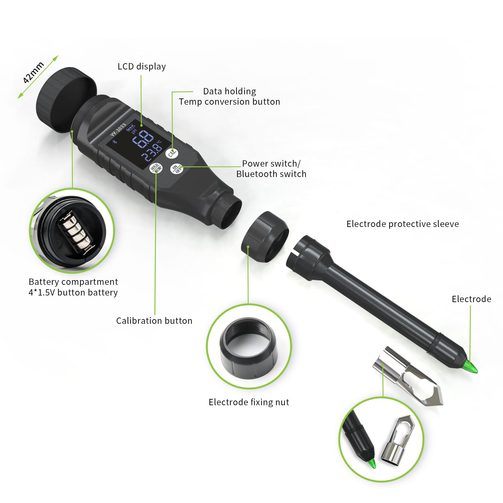 Medidor de pH terreno, pHmetro del suelo digital con electrodo de pH de acero inoxidable, Bluetooth PH probador del suelo para el cuidado de las plantas, ideal para jardín, césped, granja