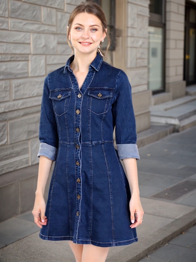 white christmas dresses Denim Collared Midi Dress – Dark Wash Button-Up with Waist Tie main image 1
