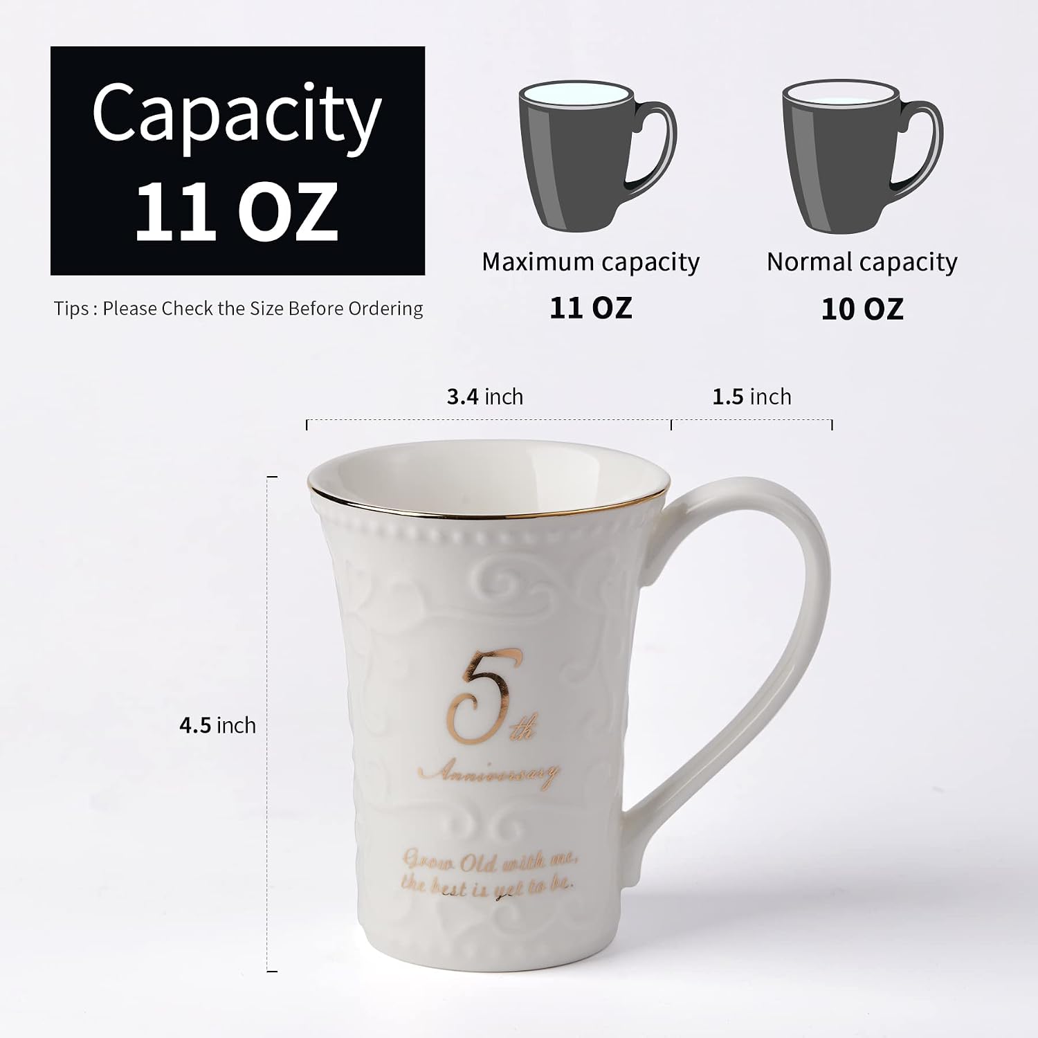 SIDUCAL Mother's Day Coffee Mugs Set of 2, 5th Happy Anniversary Cafe Mug Sets for Lover,Gold Coffee Mug for Husband and Wife,wih Gift Box