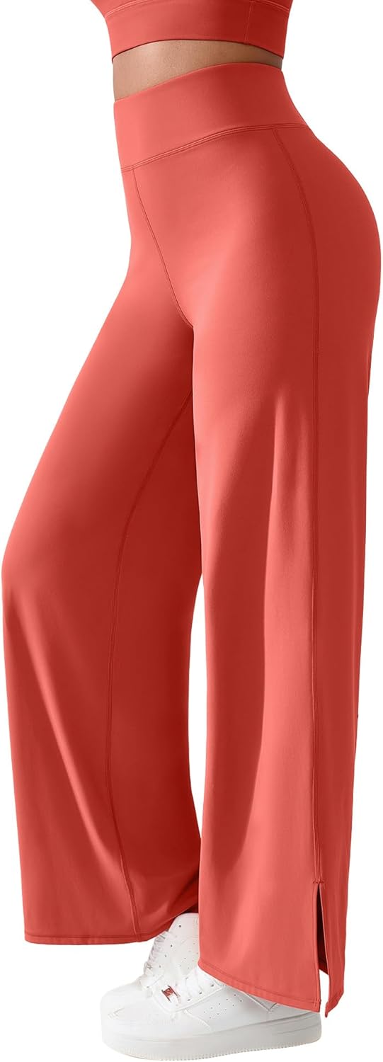 BRXL Wide Leg Yoga Pants for Women Tummy Control High Waist Straight Leg Leggings Side Slit Back Pocket Lounge Pants