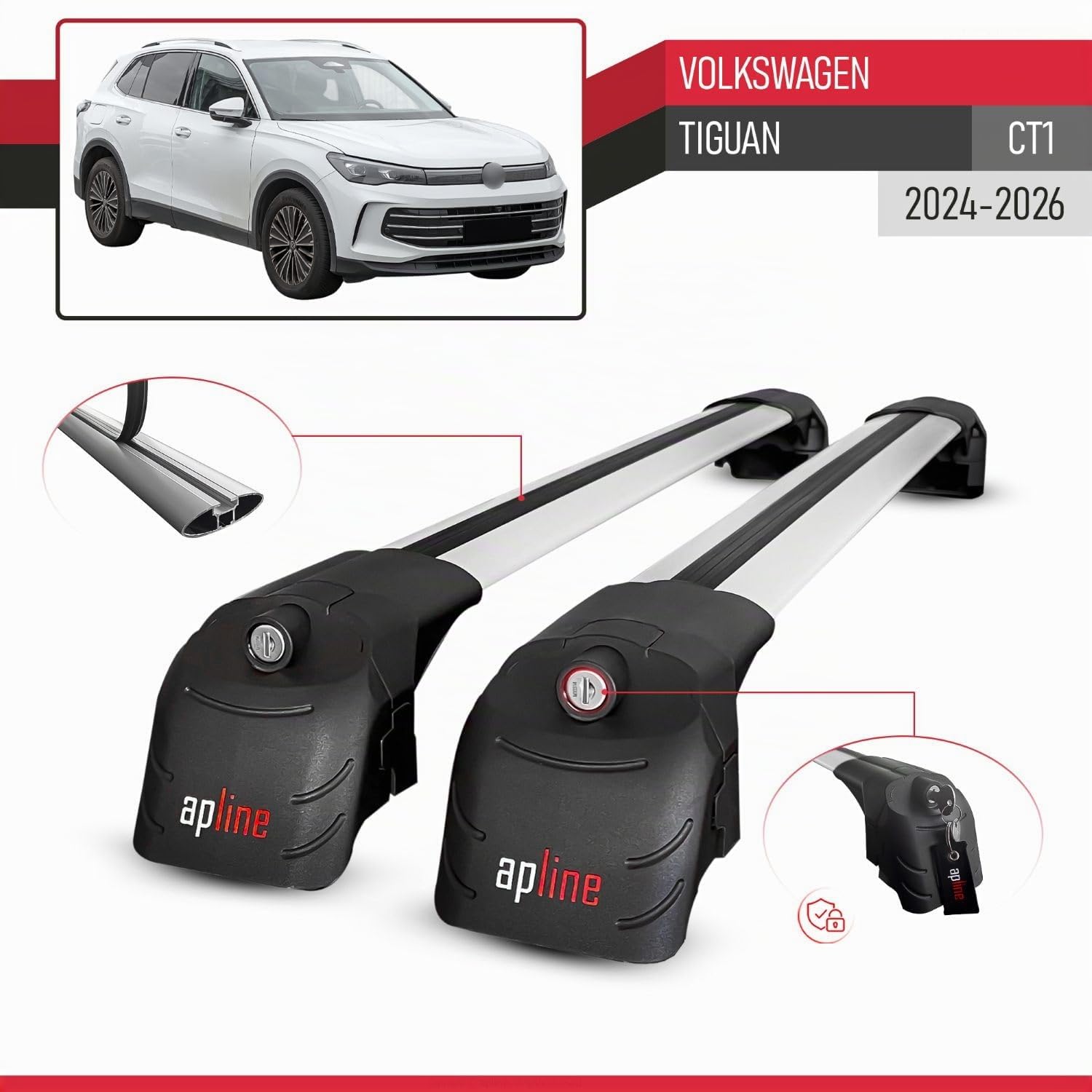 Compatible avec Volkswagen Tiguan (CT1) 2024-2026 ACE-2 Modèle Barres de Toit Railing Porte-Bagages de Voiture Aluminium Gris 2 Barres