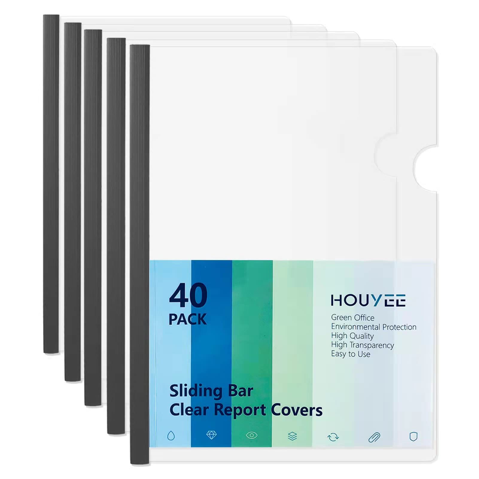 HOUYEE 40 Pack Report Covers with Sliding Bars, 9mm (40 Sheet Capacity) Sliding Bar File Folder,Pack of 40, Black,Fit for Letter Size Paper，Back to School Supply