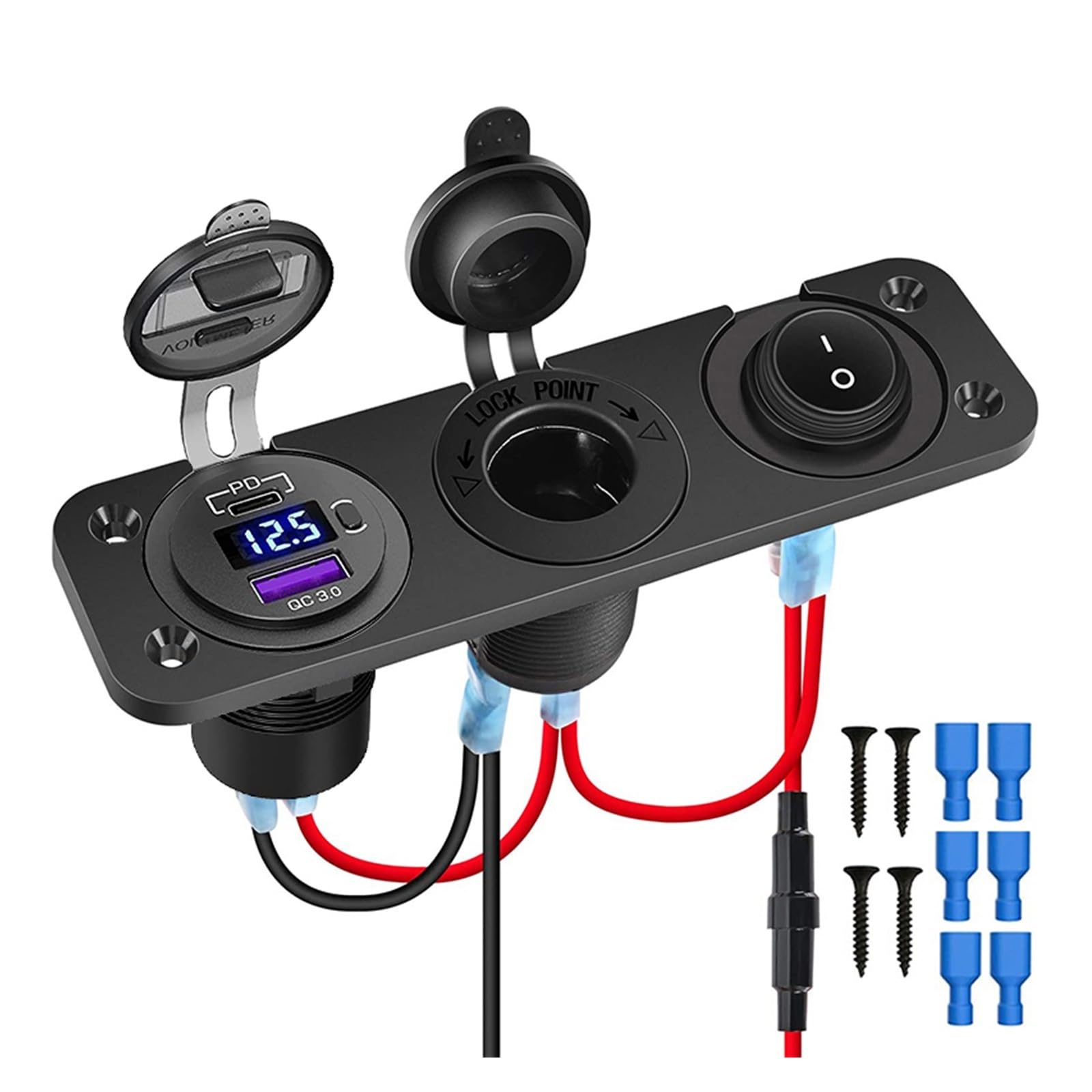 MORREZ Zigarettenanzünderbuchse 12 V Splitter mit Kippschalter PD & QC3.0 USB C Steckdose mit LED Voltmeter Wasserdicht für Auto Boot (Farbe: Blau Set)