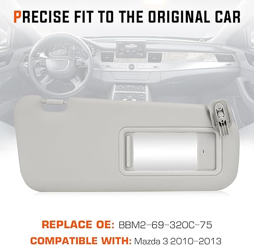 Miniatura 9 de Youxmoto Visera parasol lado izquierdo del conductor para Mazda 3 2010 2011 2012 2013, gris reemplaza # BBM2-69-320C-75, con espejo de tocador