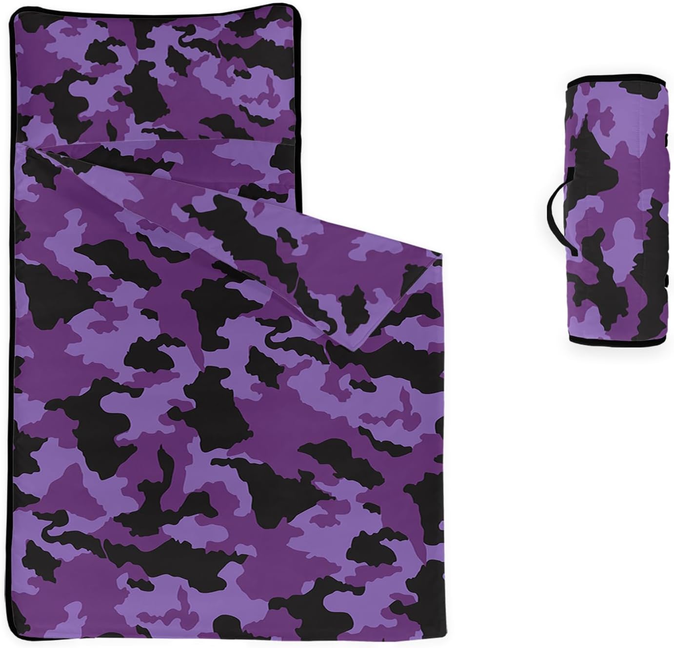 Axolotl Purple Camo Nap Mat, Army Camouflage Hunting Slumber Bag, Black and Violet Camou Sleep Mat, Vintage Farmhouse Country Roll Up Portable Sleeping Bag for Traveling, 50" L*21" W